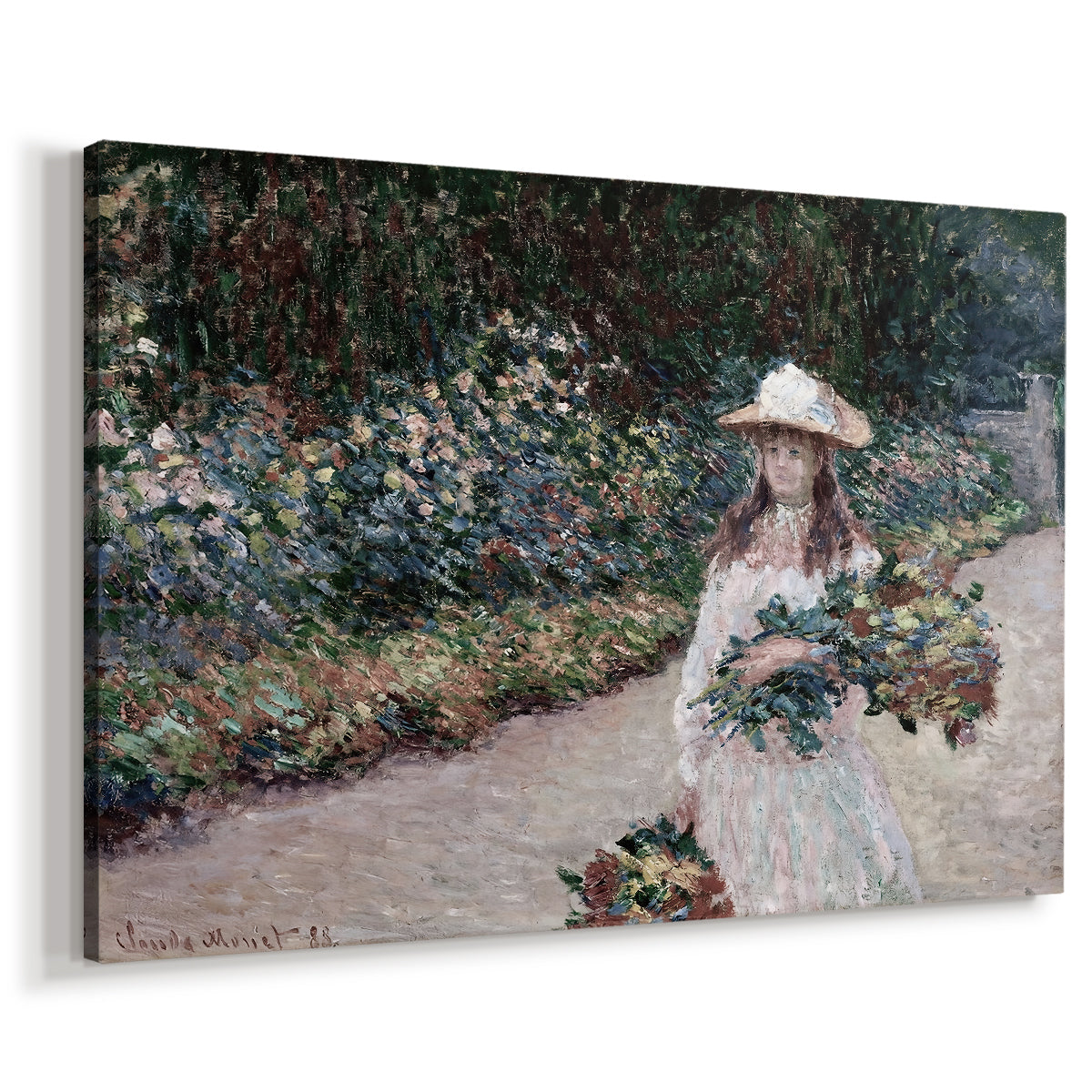 Canvas art print featuring an impressionist garden scene with child among greenery and blossoms, displayed at an angle