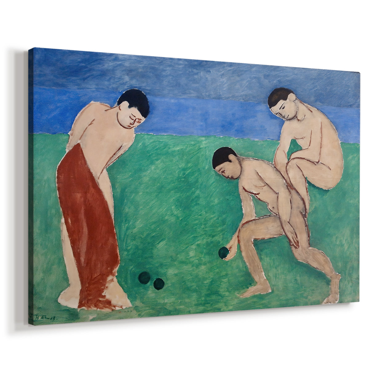 Canvas art print featuring an expressive scene of people engaged in an outdoor lawn game, displayed at an angle