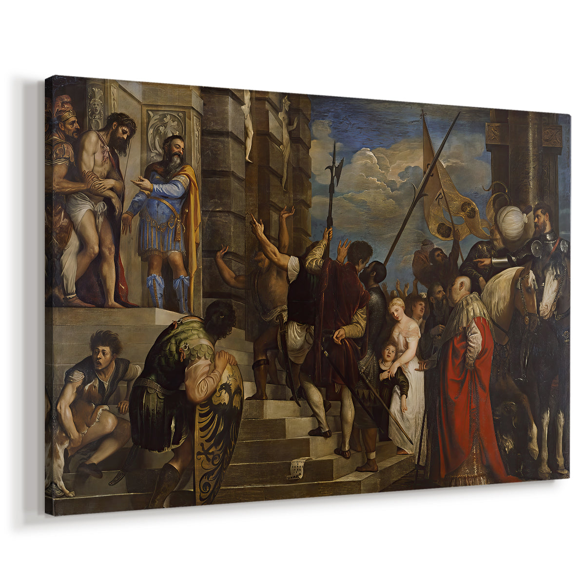 Canvas art print featuring a dramatic Renaissance composition with multiple figures in architectural setting, displayed at an angle