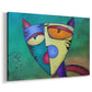 Canvas art print featuring a cubist-inspired feline portrait, displayed at an angle