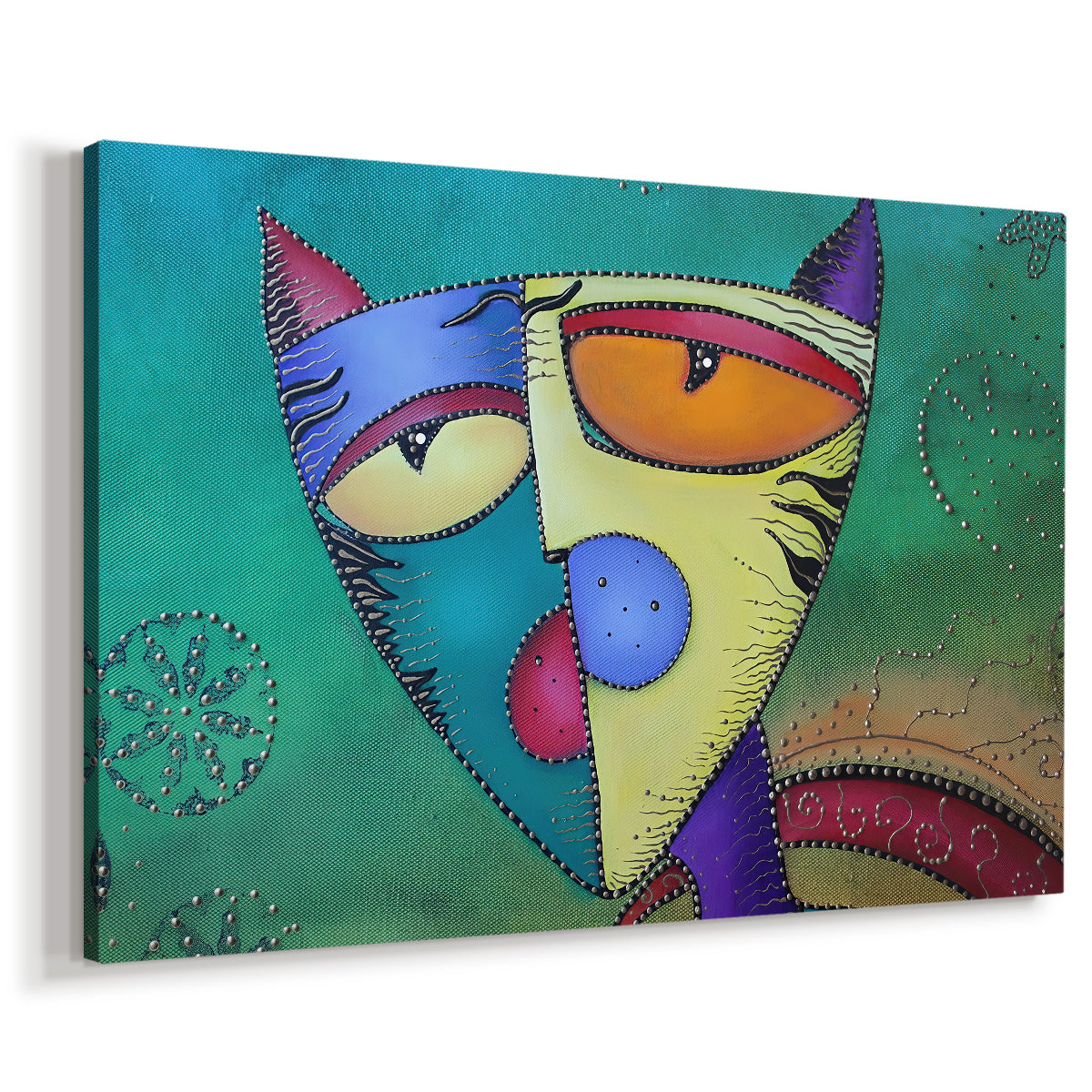 Canvas art print featuring a cubist-inspired feline portrait, displayed at an angle