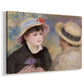 Canvas art print featuring an intimate portrait of man and woman sitting side by side in outdoor setting, displayed at an angle