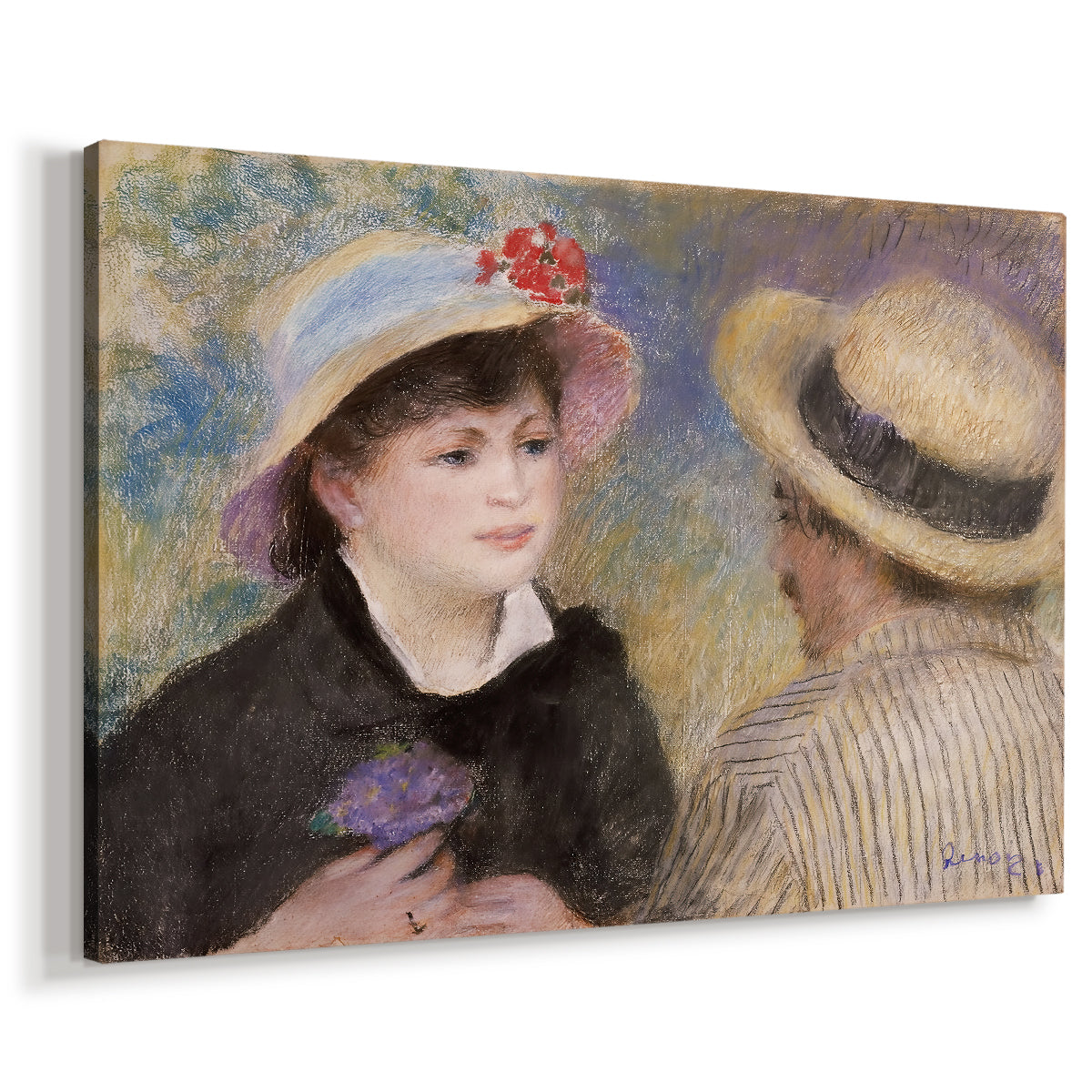 Canvas art print featuring an intimate portrait of man and woman sitting side by side in outdoor setting, displayed at an angle