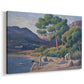 Canvas art print featuring a pointillist beach scene with people in water, displayed at an angle