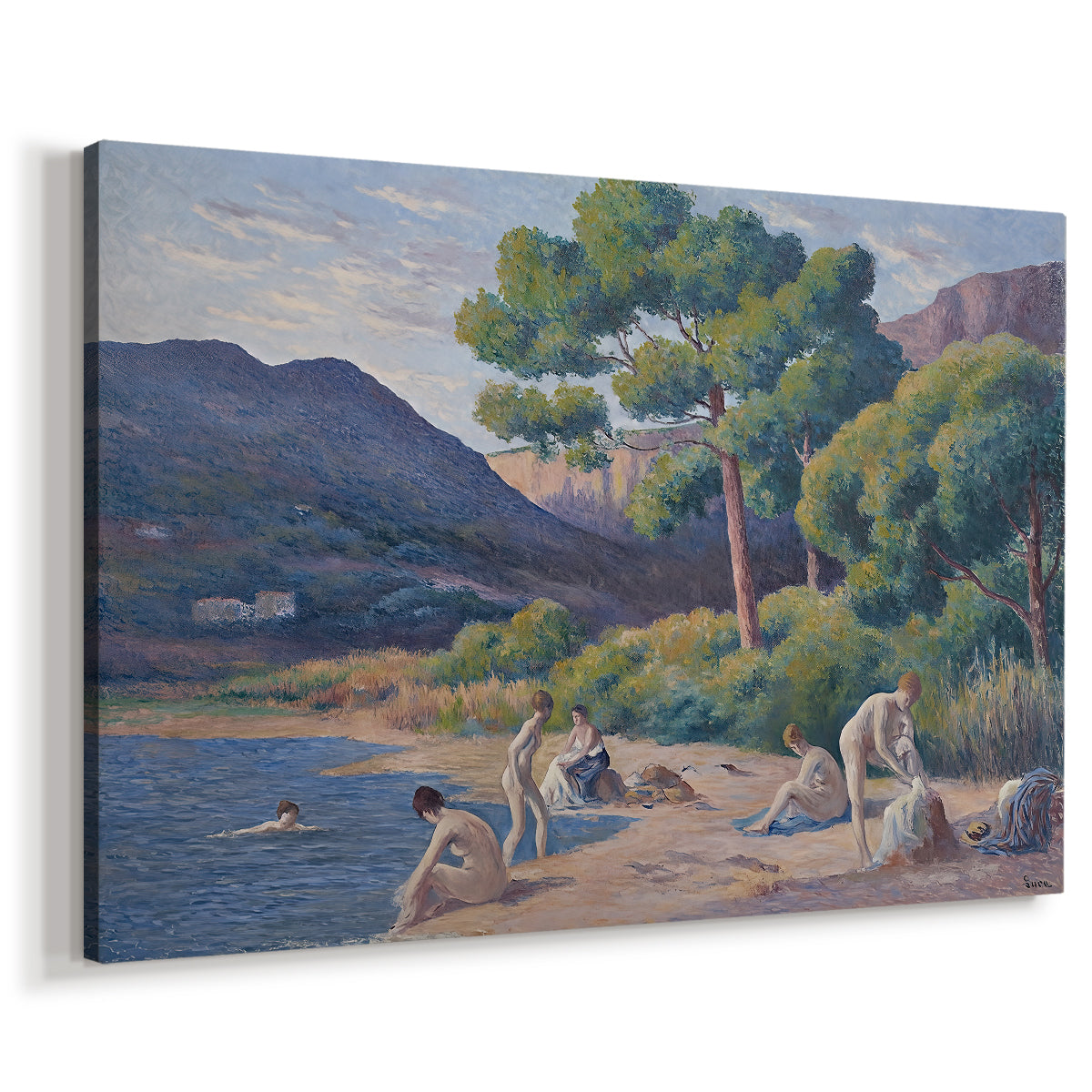 Canvas art print featuring a pointillist beach scene with people in water, displayed at an angle