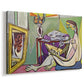 Canvas art print featuring a cubist portrait with fragmented elements, displayed at an angle