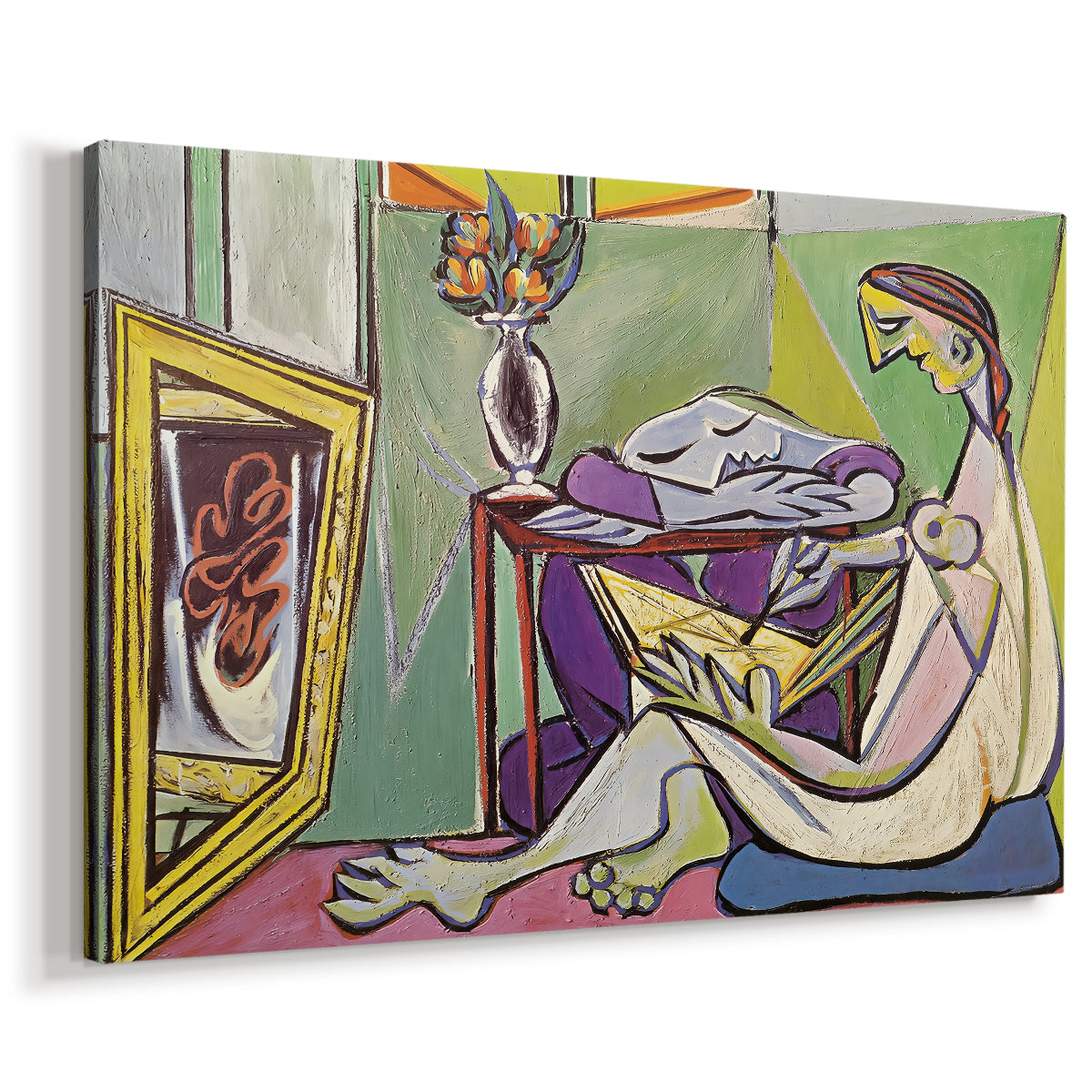 Canvas art print featuring a cubist portrait with fragmented elements, displayed at an angle