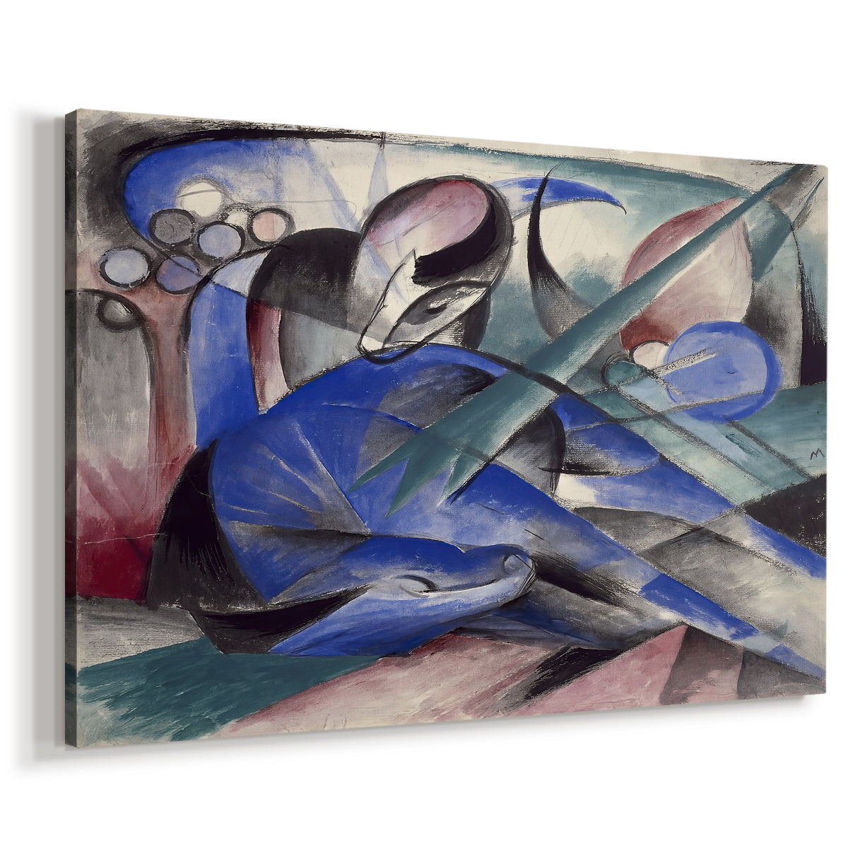 Canvas art print featuring an expressionist animal resting within stylized environment, displayed at an angle