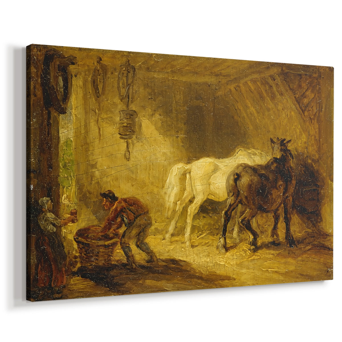 Canvas art print featuring a pastoral scene of sheep with young in natural setting, displayed at an angle
