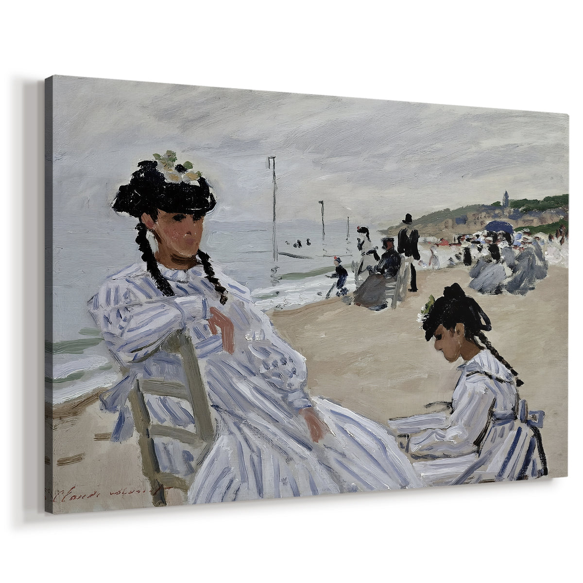 Canvas art print featuring an impressionist seaside scene with women in dresses and hats, displayed at an angle