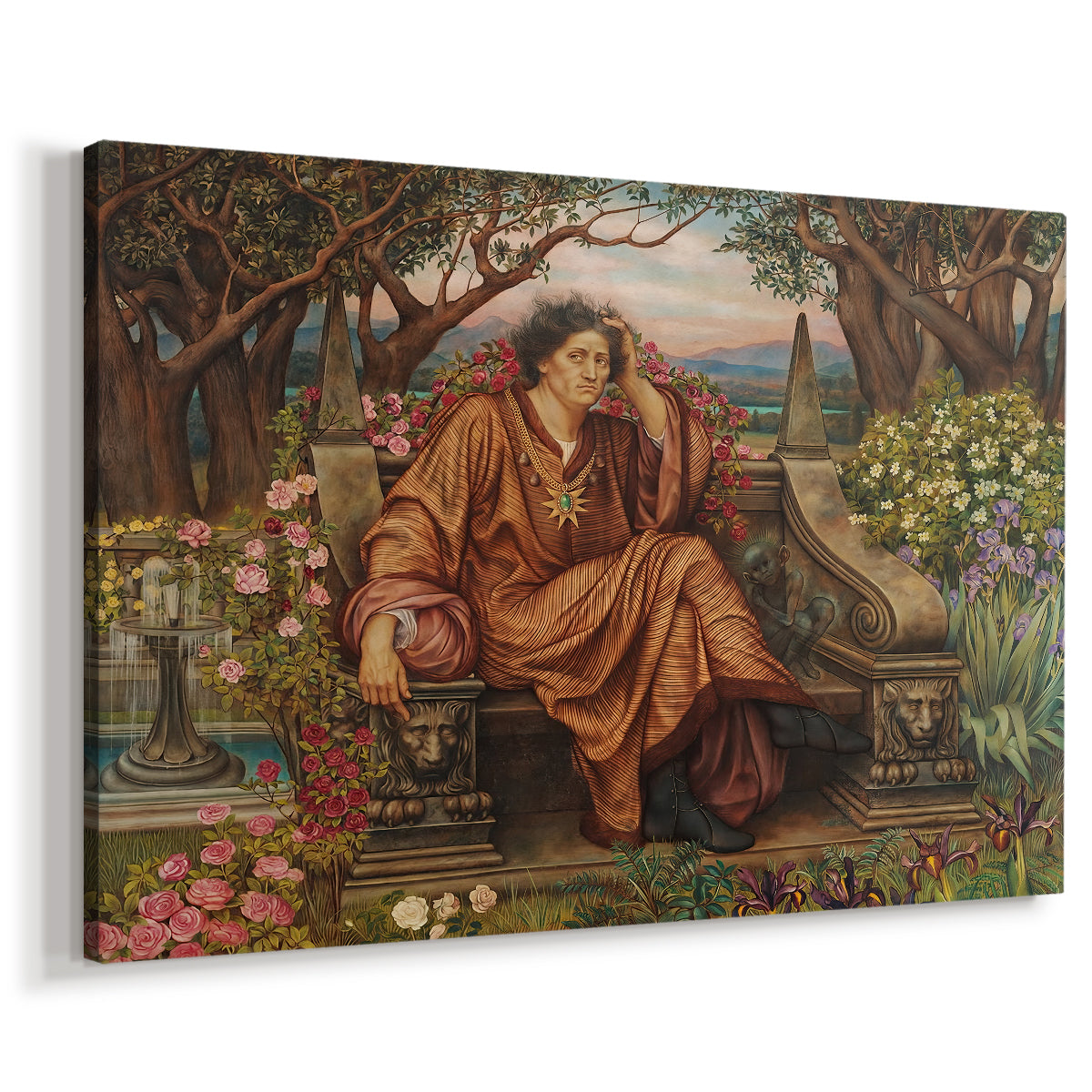 Canvas art print featuring a dramatic allegory of suffering with figure engulfed in fiery environment, displayed at an angle