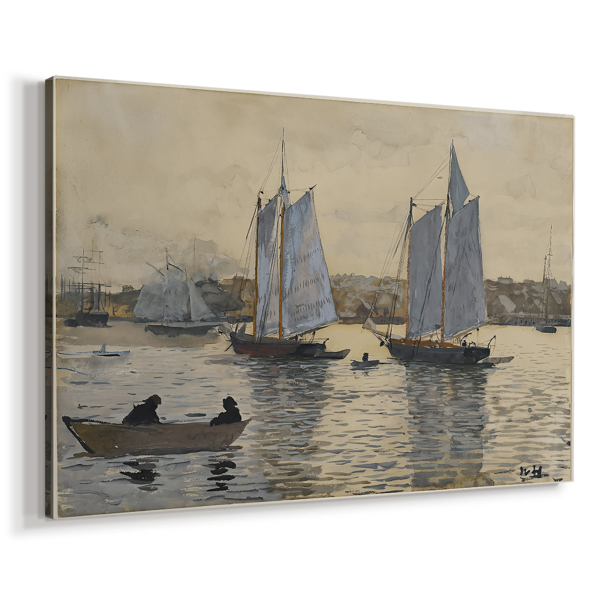 Canvas art print featuring a nautical scene with boats resting on open sea, displayed at an angle