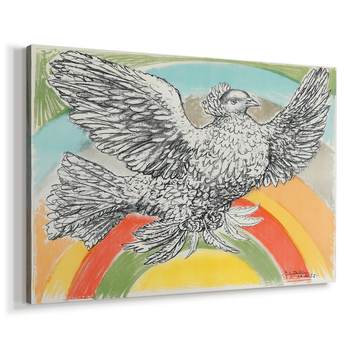 Canvas art print featuring a symbolic composition with bird and color bands, displayed at an angle