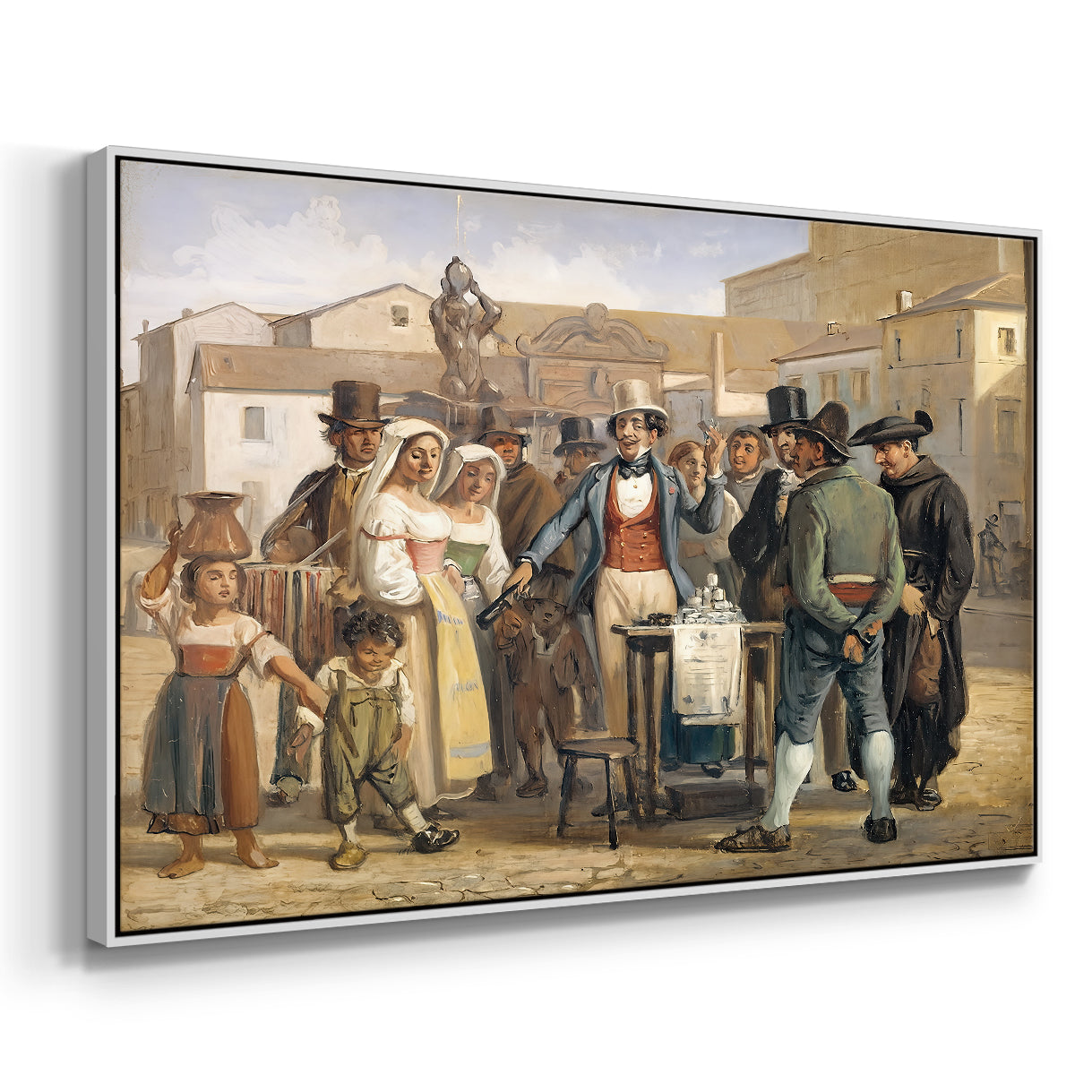 A Charlatan Selling Blacking in the Piazza Barberini in Rome, c. 1840-1849 - Floater Framed Canvas Print