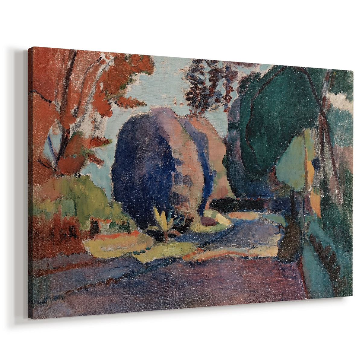 Canvas art print featuring an expressive park scene with foliage and resting figure, displayed at an angle