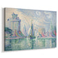 Canvas art print featuring a harbor scene with architectural forms, displayed at an angle