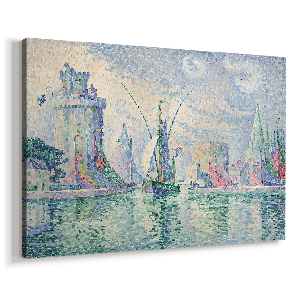 Canvas art print featuring a harbor scene with architectural forms, displayed at an angle