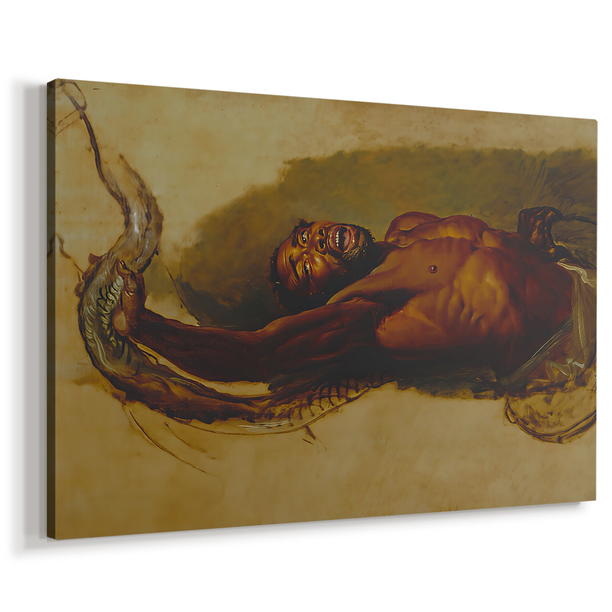 Canvas art print featuring an intense scene of human confronting constrictor, displayed at an angle