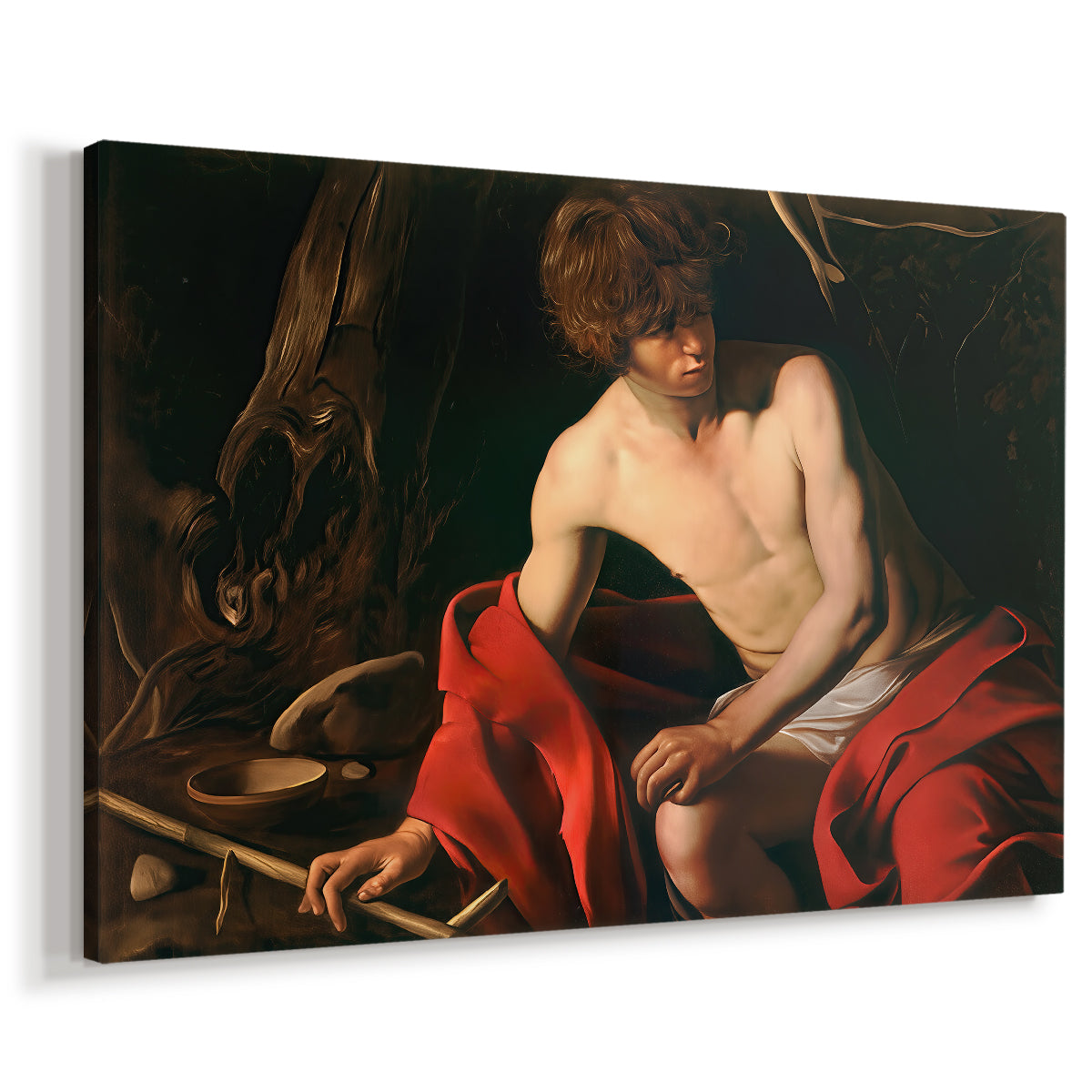 Canvas art print featuring a solitary figure of Saint John resting in natural setting with soft light, displayed at an angle