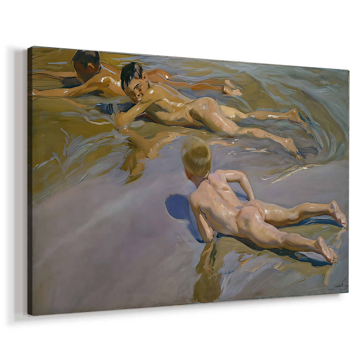 Canvas art print featuring an energetic beach scene with children in motion, displayed at an angle