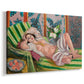 Canvas art print featuring a woman lying on patterned textiles in a vivid decorative setting, displayed at an angle
