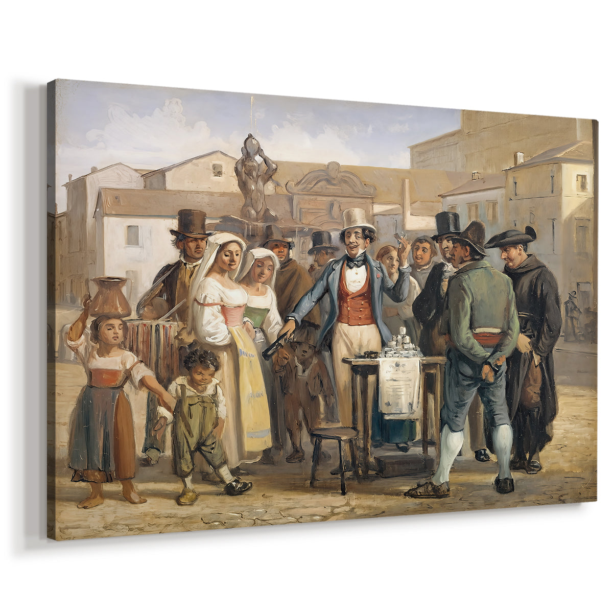 Canvas art print featuring an outdoor marketplace with central figure addressing onlookers, displayed at an angle