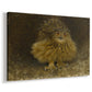 Canvas art print featuring a detailed wildlife painting of eagle owl with piercing eyes in darkness, displayed at an angle