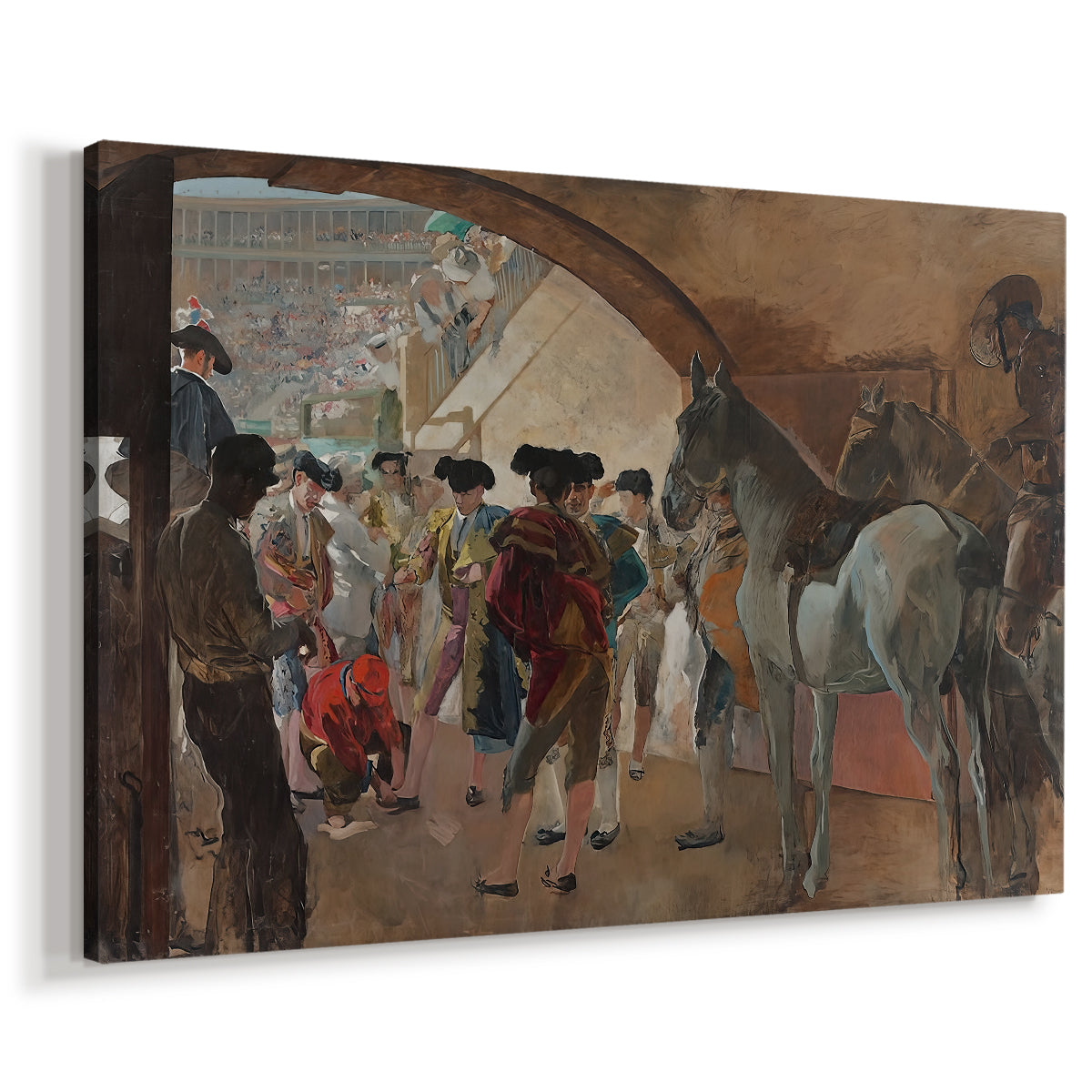 Canvas art print featuring a lively interior scene with people interacting before event, displayed at an angle