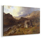 Canvas art print featuring a scenic countryside with mountains and winding waterway, displayed at an angle
