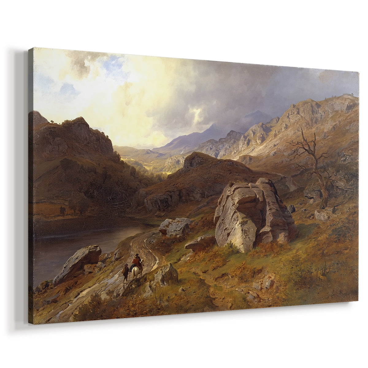 Canvas art print featuring a scenic countryside with mountains and winding waterway, displayed at an angle