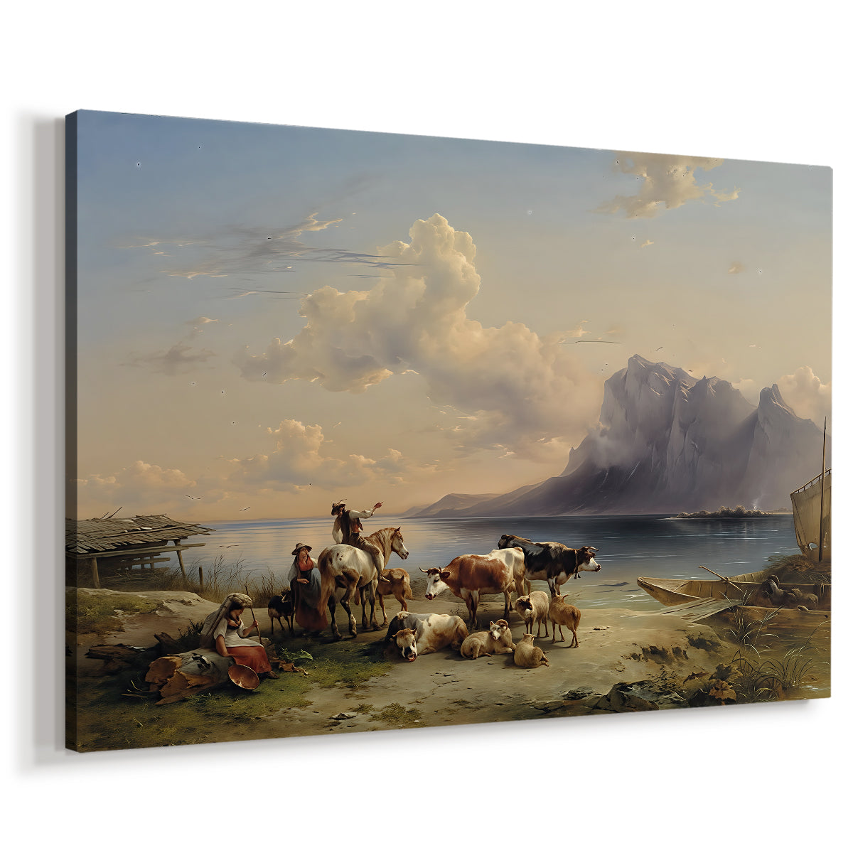 Canvas art print featuring a pastoral livestock scene with water, displayed at an angle