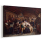 Canvas art print featuring a communal meal scene with mourners gathered in rustic interior setting, displayed at an angle
