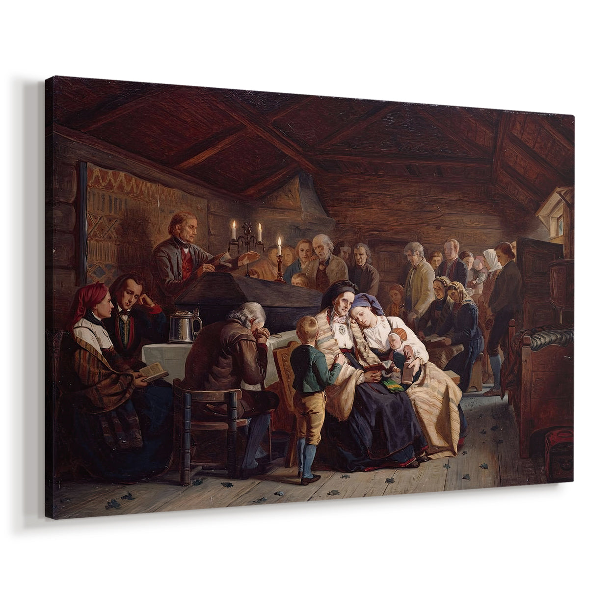 Canvas art print featuring a communal meal scene with mourners gathered in rustic interior setting, displayed at an angle