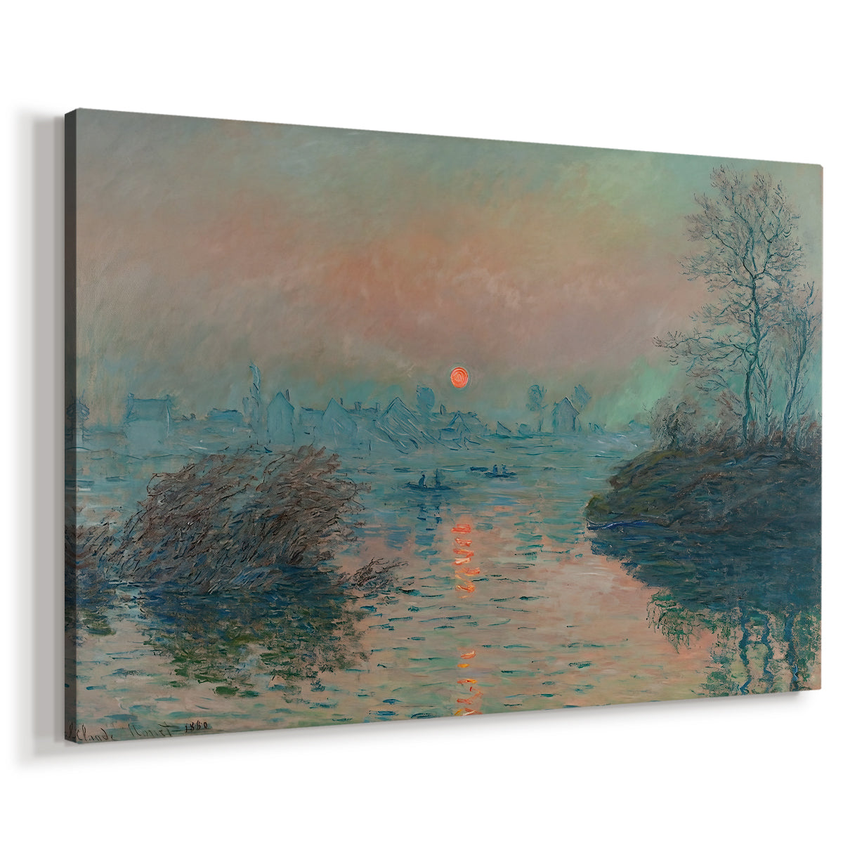 Canvas art print featuring a winter scene with warm light reflecting on water at dusk, displayed at an angle