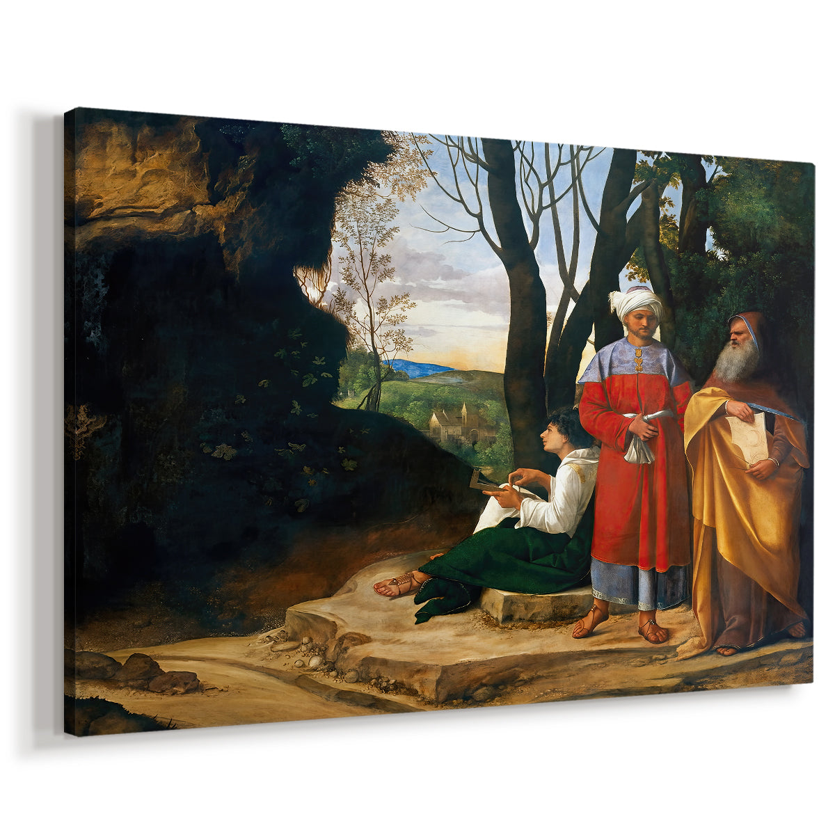 Canvas art print featuring a Renaissance scene of figures contemplating in natural setting, displayed at an angle