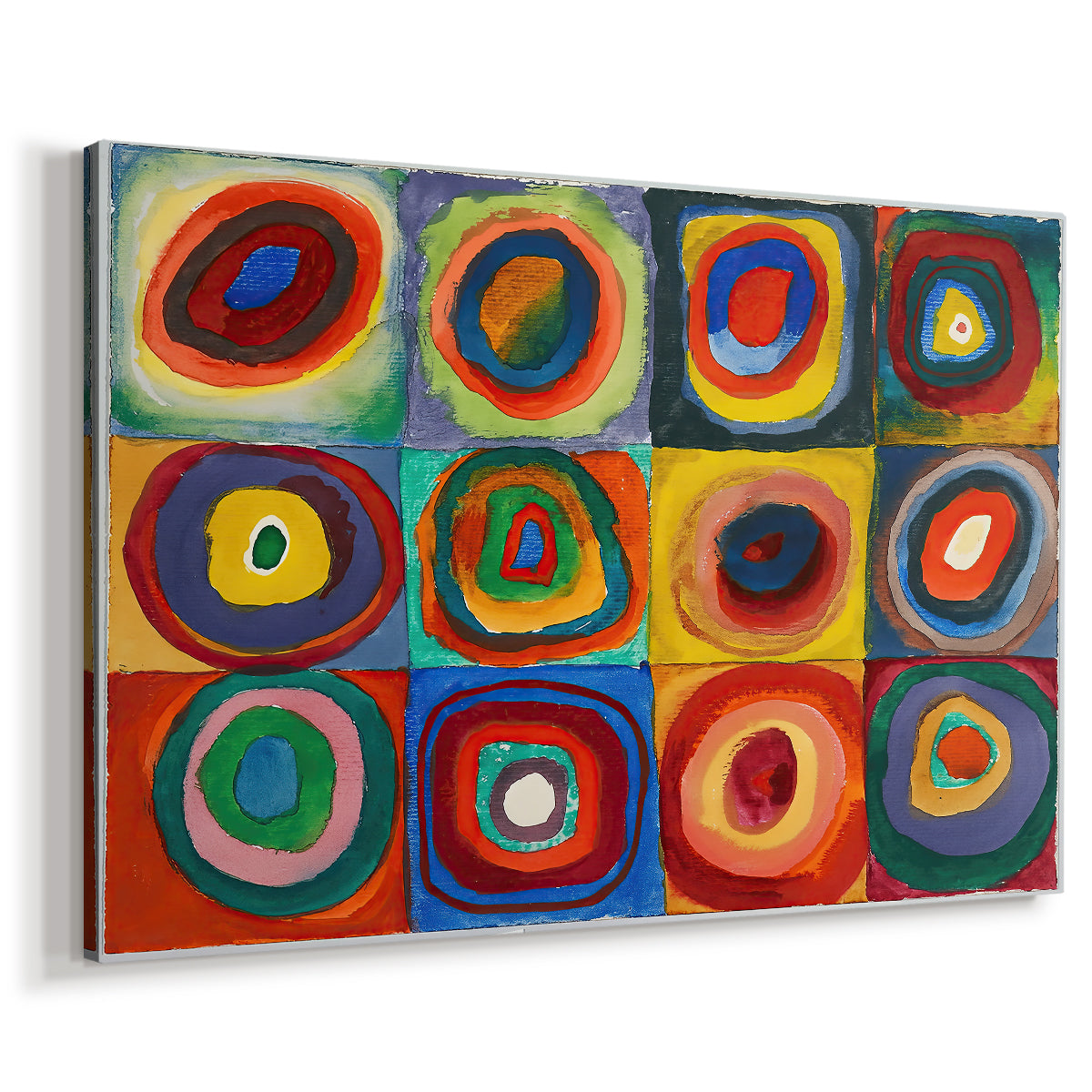 Canvas art print featuring a systematic exploration of color relationships within repeated structure, displayed at an angle