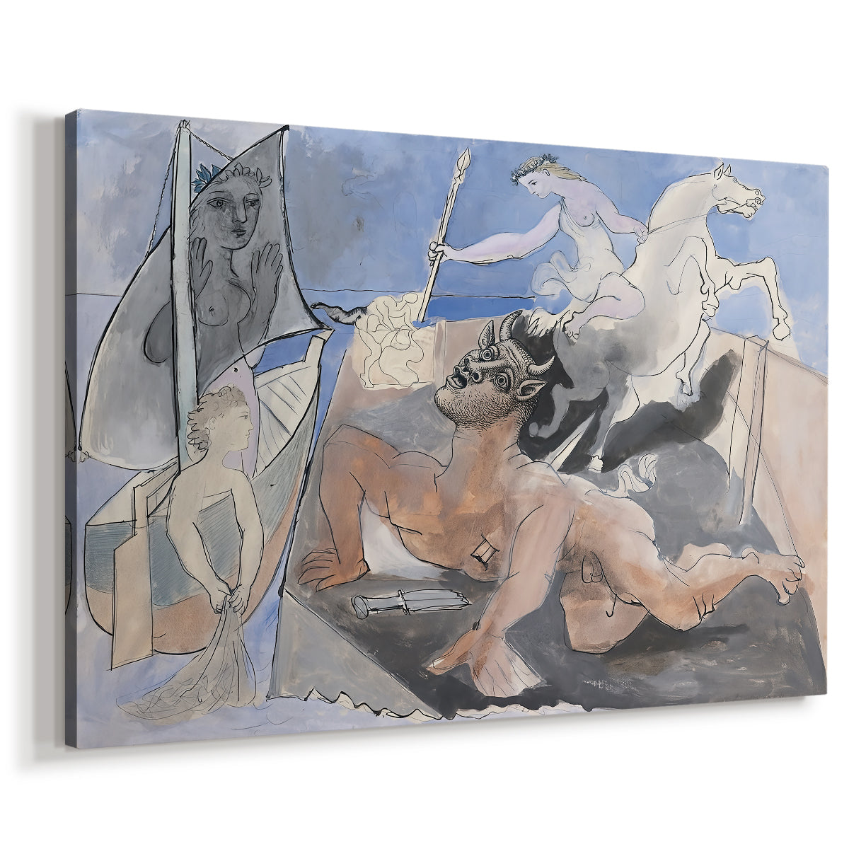 Canvas art print featuring a symbolic hybrid creature scene, displayed at an angle