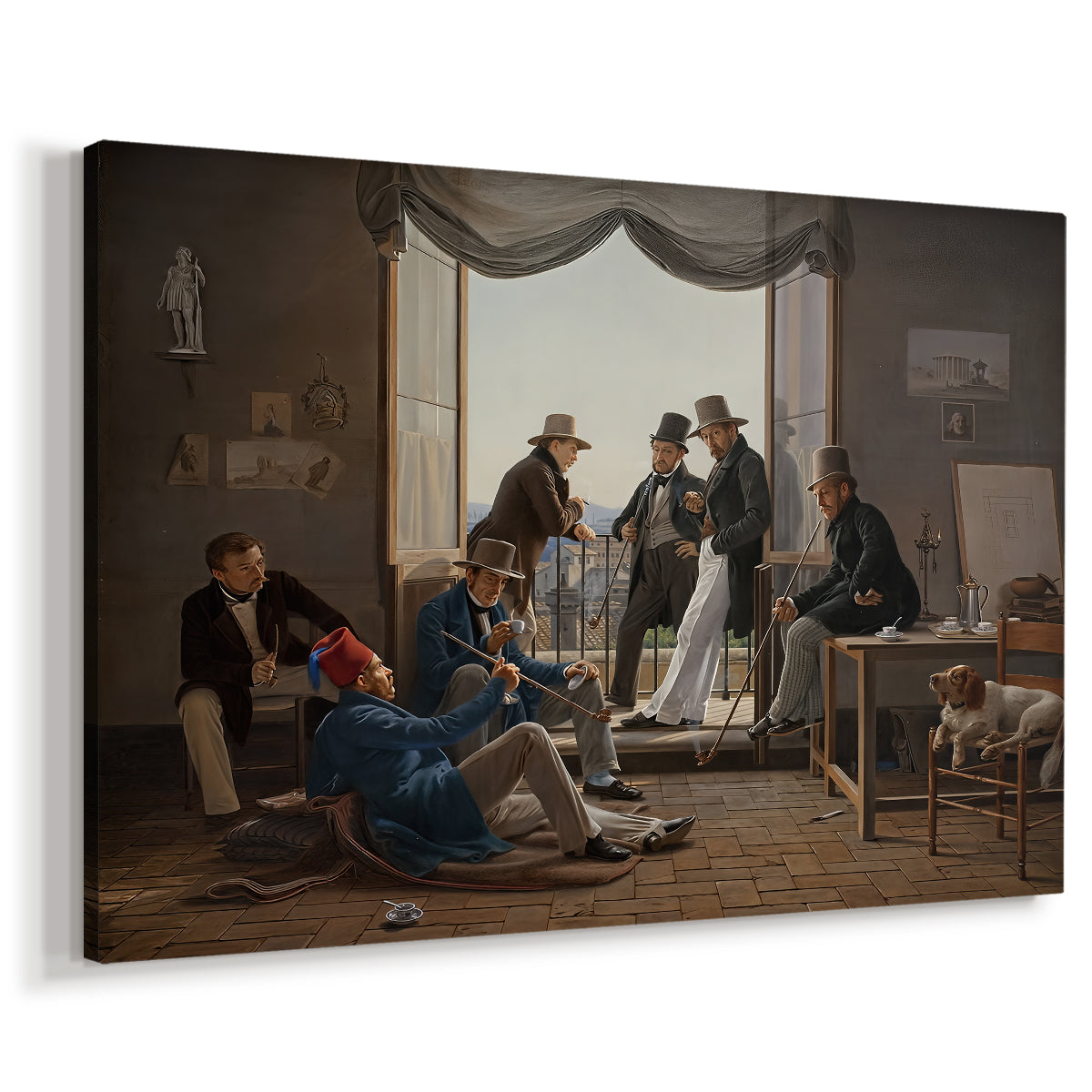 Canvas art print featuring a portrait of artists seated and standing together in interior space, displayed at an angle
