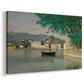Canvas art print featuring a serene urban landscape with shoreline and architecture, displayed at an angle