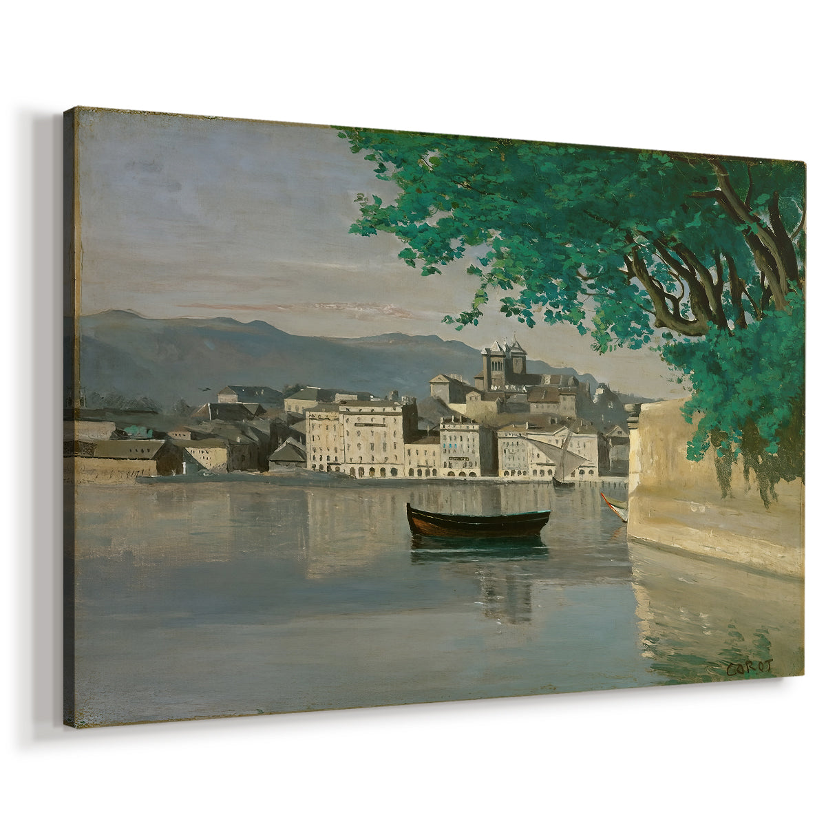 Canvas art print featuring a serene urban landscape with shoreline and architecture, displayed at an angle