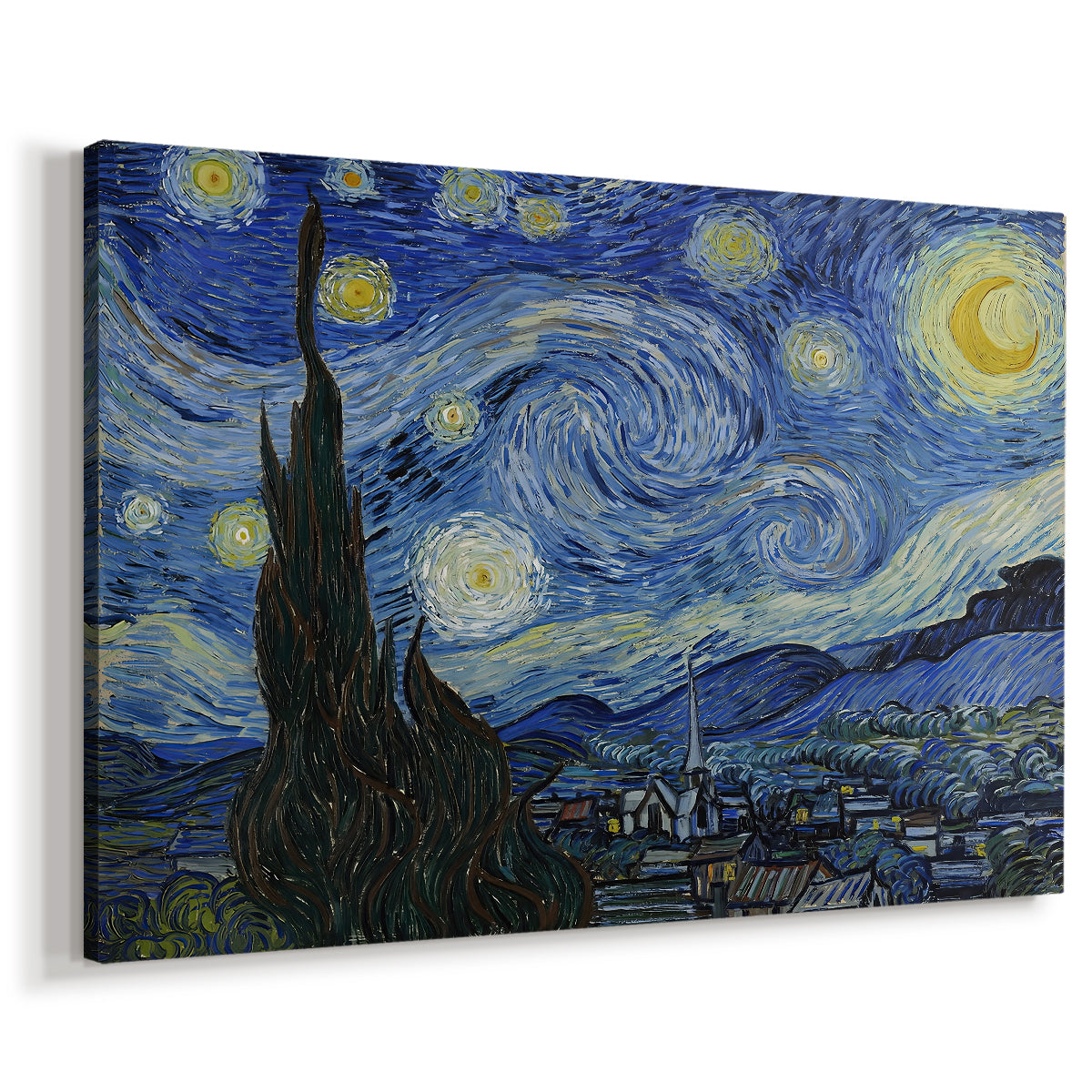 Canvas art print featuring an expressive nocturnal landscape with glowing celestial patterns, displayed at an angle