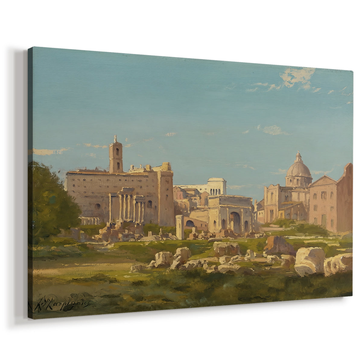 Canvas art print featuring a historic site with classical ruins and surrounding landscape, displayed at an angle