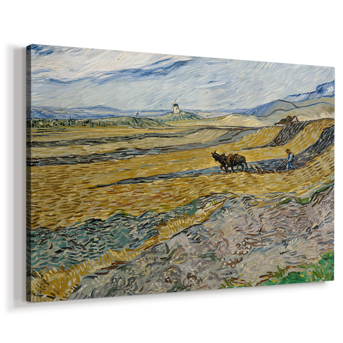 Canvas art print featuring a rural landscape with ploughman crossing yellow and blue field bands, displayed at an angle