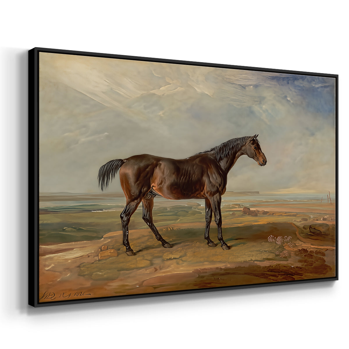 Dr. Syntax, a Bay Racehorse, Standing in a Coastal Landscape, an Estuary Beyond, c. 1820 - Floater Framed Canvas Print