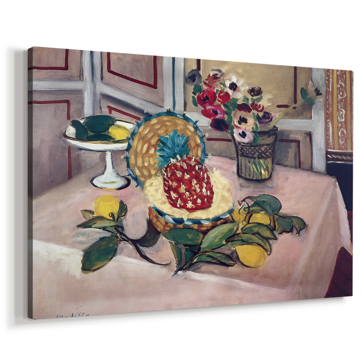 Canvas art print featuring an expressive arrangement of pineapple and citrus on a table, displayed at an angle