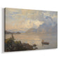 Canvas art print featuring an expansive water scene with distant peaks and soft light, displayed at an angle