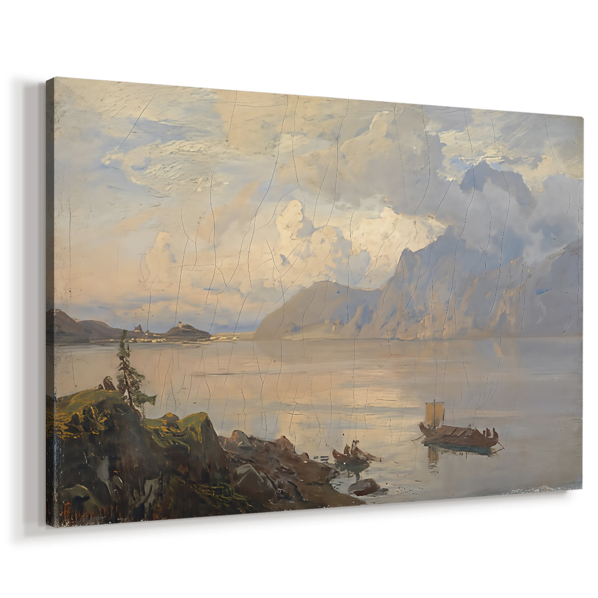 Canvas art print featuring an expansive water scene with distant peaks and soft light, displayed at an angle