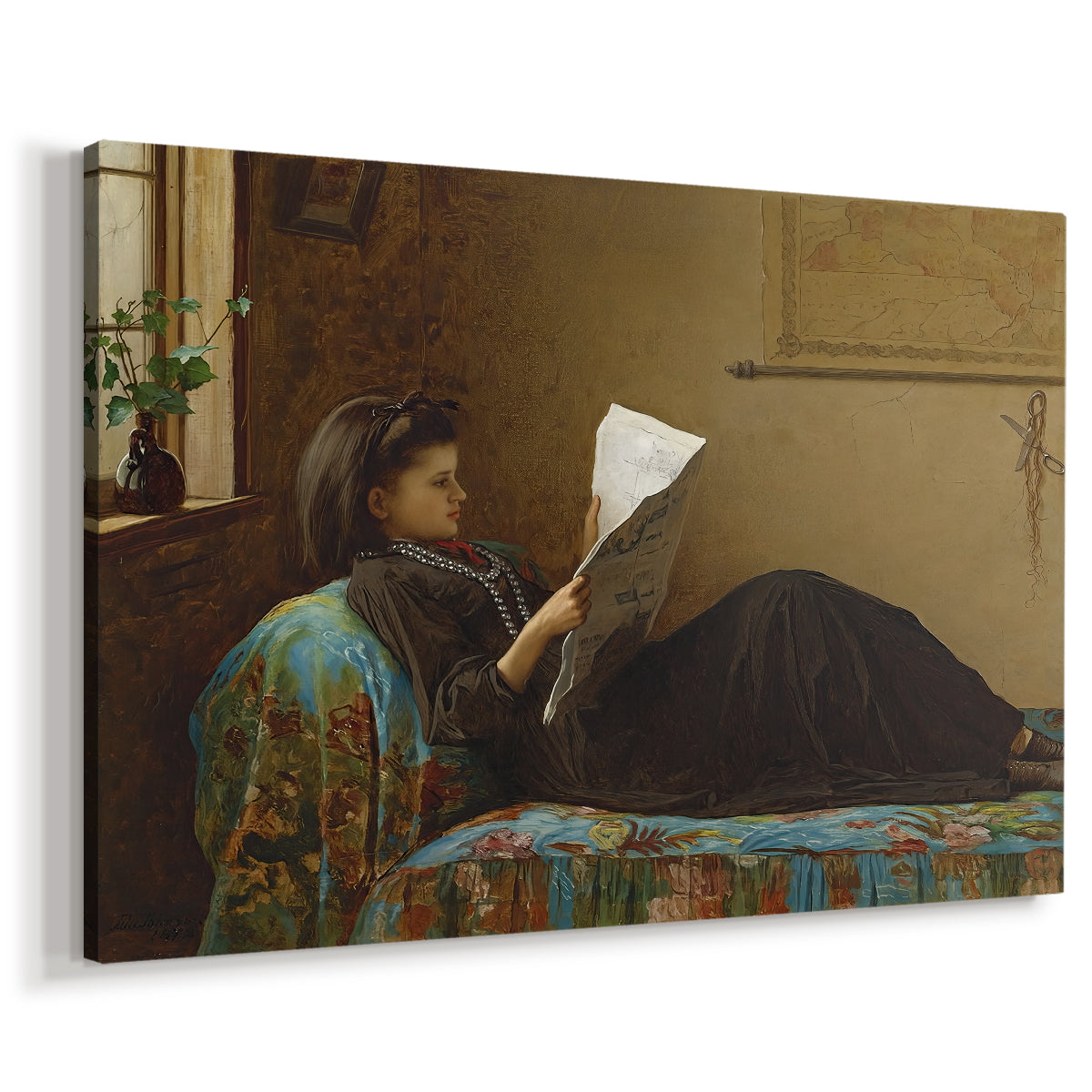 Canvas art print featuring a domestic scene with figures reacting to shared news, displayed at an angle