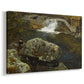 Canvas art print featuring a tranquil rural scene with water and rustic mill structure, displayed at an angle