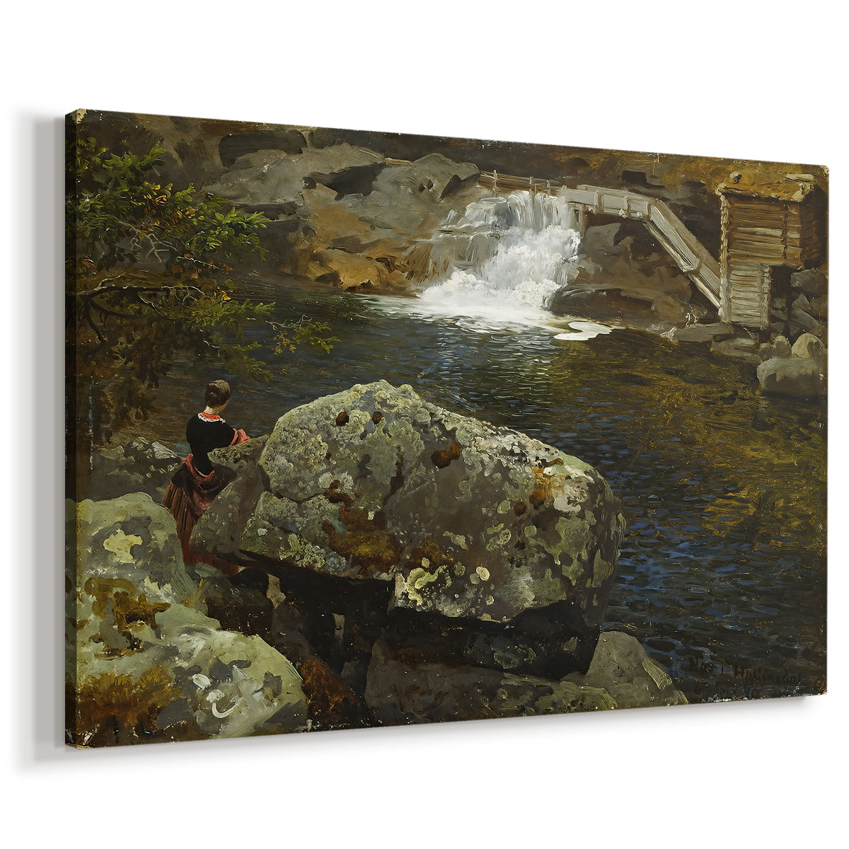 Canvas art print featuring a tranquil rural scene with water and rustic mill structure, displayed at an angle